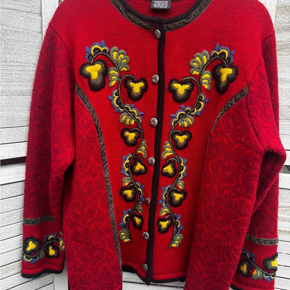 Vrikke Norwegian Design Wool Cardigan Sweater Red Embroidered Folk Style Size M